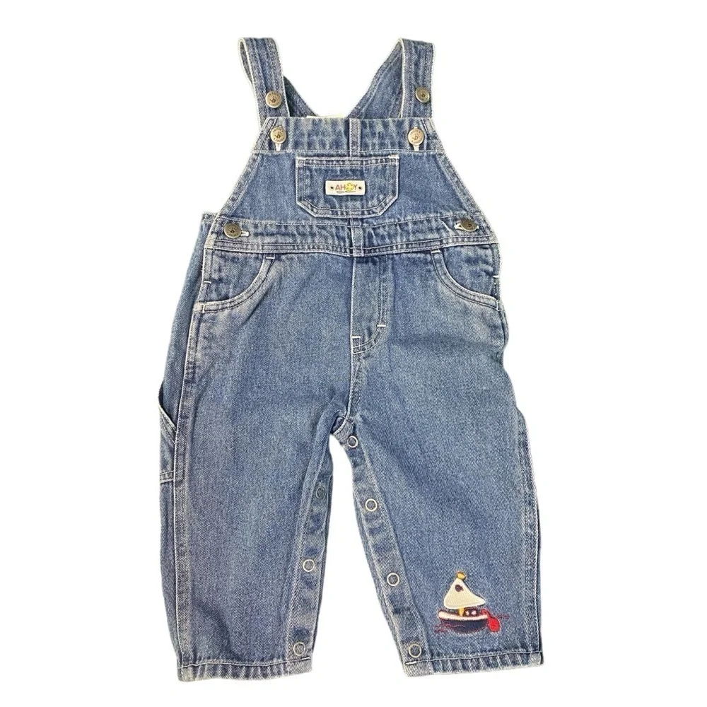 VTG Carter’s Sailboat Ahoy Embroidered Denim Overall Bibs Size 9 Months